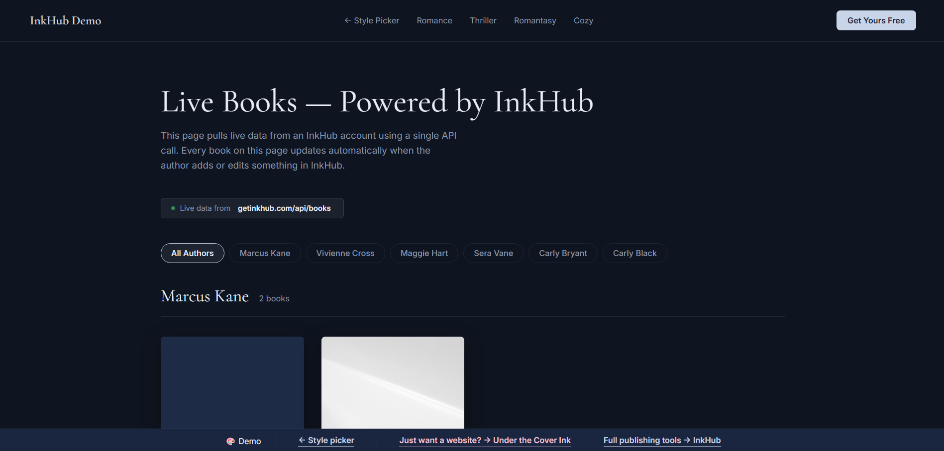 InkHub Books Gallery demo — book catalog with cover images and series groupings