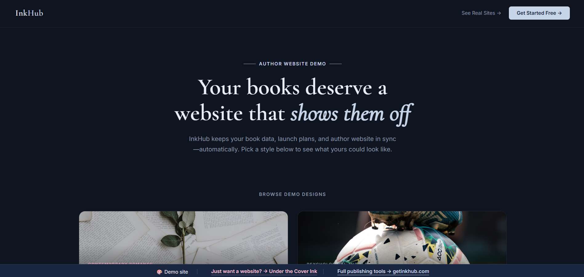 Romantasy author website style demo — jewel tones and fantasy layouts powered by InkHub