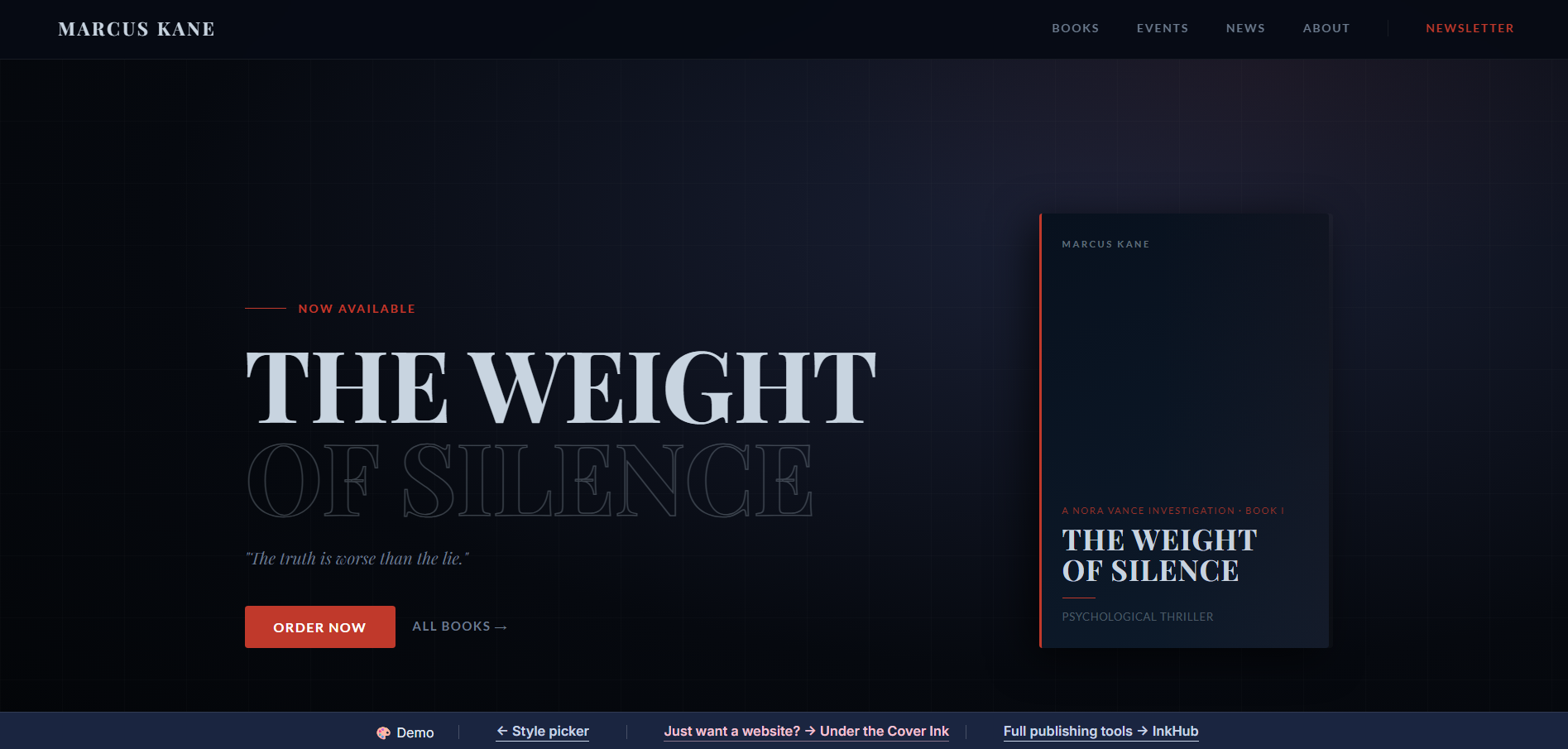 Thriller author website style demo — dark cinematic design powered by InkHub