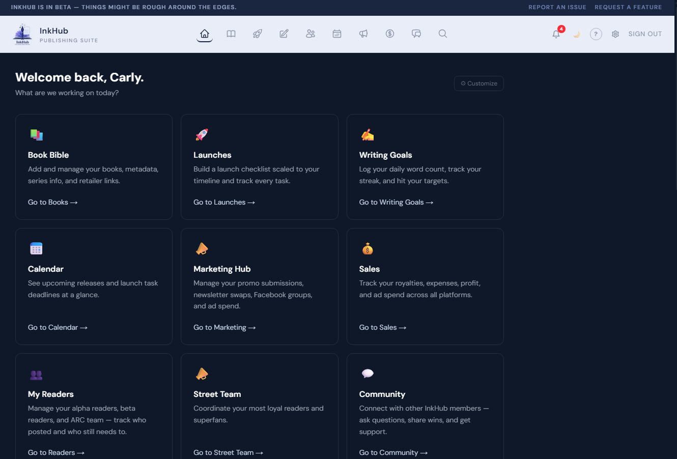 InkHub publishing command center dashboard — book tracking, launch planning, and ARC reader management for indie authors